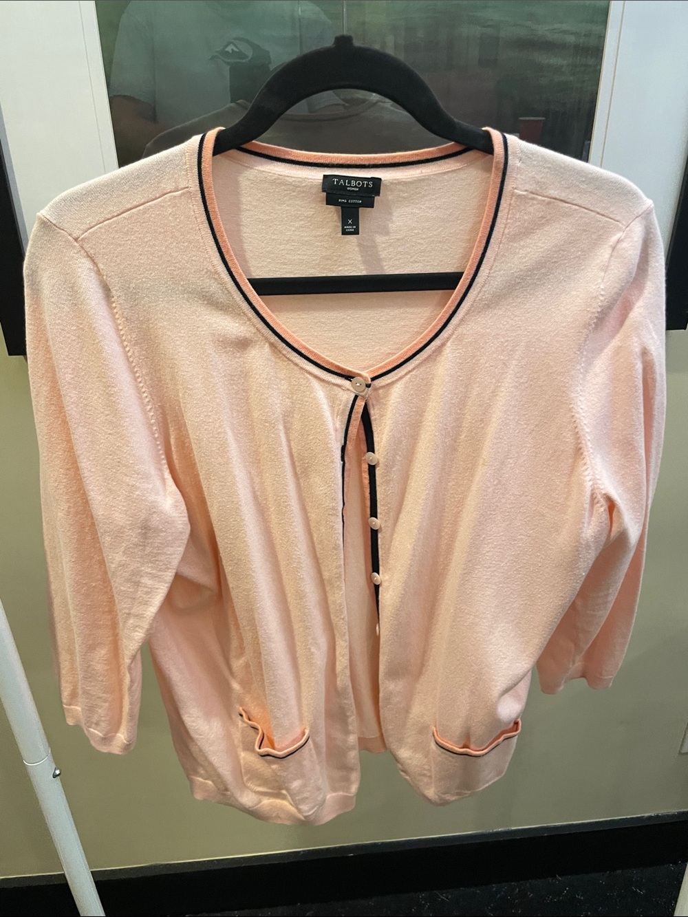Talbots X. Peach and Black Trim Button-Front Cardigan